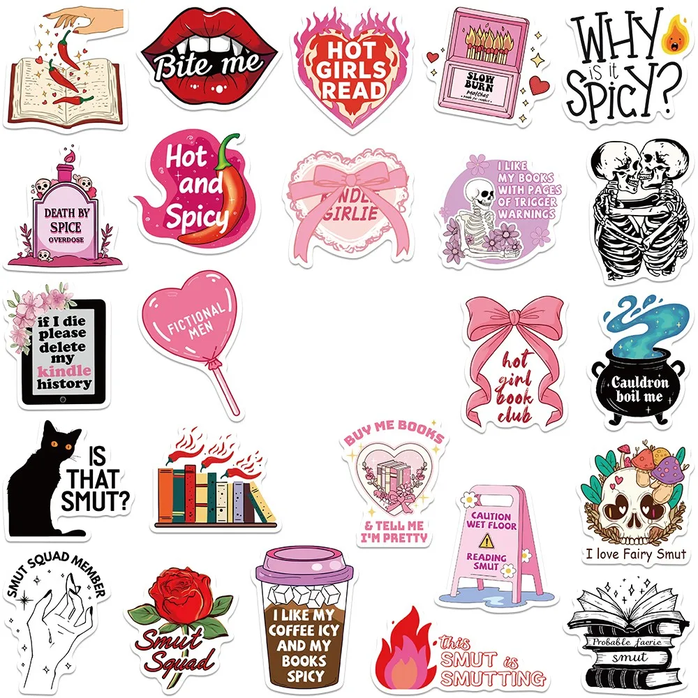 50pcs Aesthetic Cartoon Skull Spicy Reader Pink Smut Stickers For Laptop Water Bottle Luggage Diary Waterproof Vinyl Decals