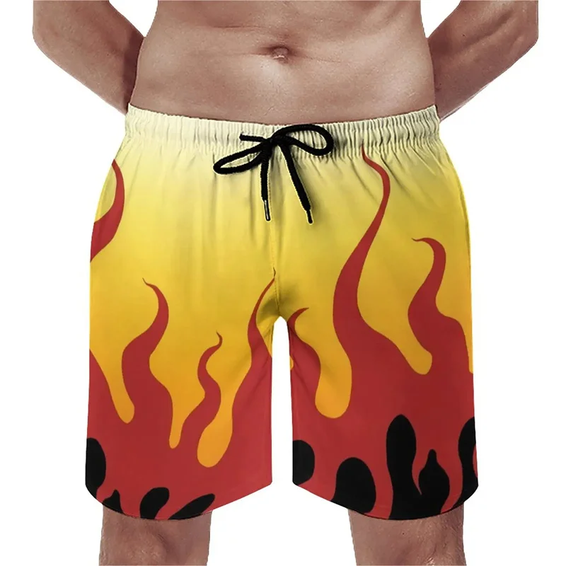 3D Printing Flame Clouds Short Pants For Men Wave Grid Pattern Swim Trunks Summer Vacation Loose Casual Cosplay Beach Shorts