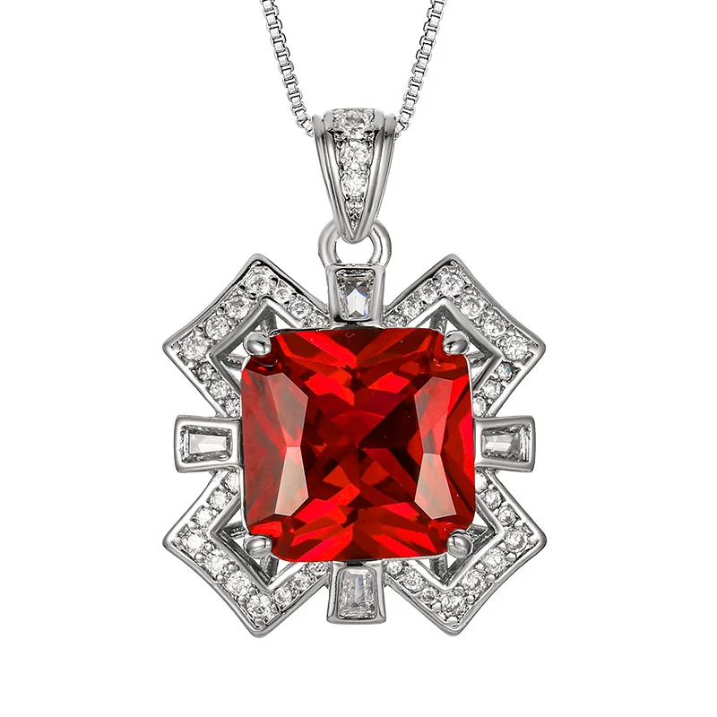 

Shiny Crystal Red Rose Flower Pendant Female Engagement Accessories Top Quality Square Stone Necklace Women Jewelry Set