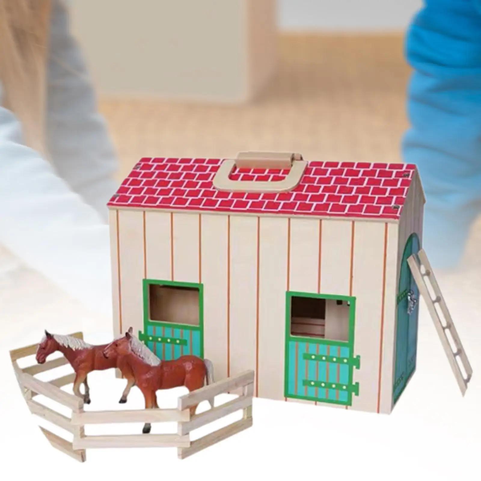 Stable Farm House Model Micro Landscape Building Toy with Toy Horses Toy Horse Figures Barn Play Set Wooden Stable Playset