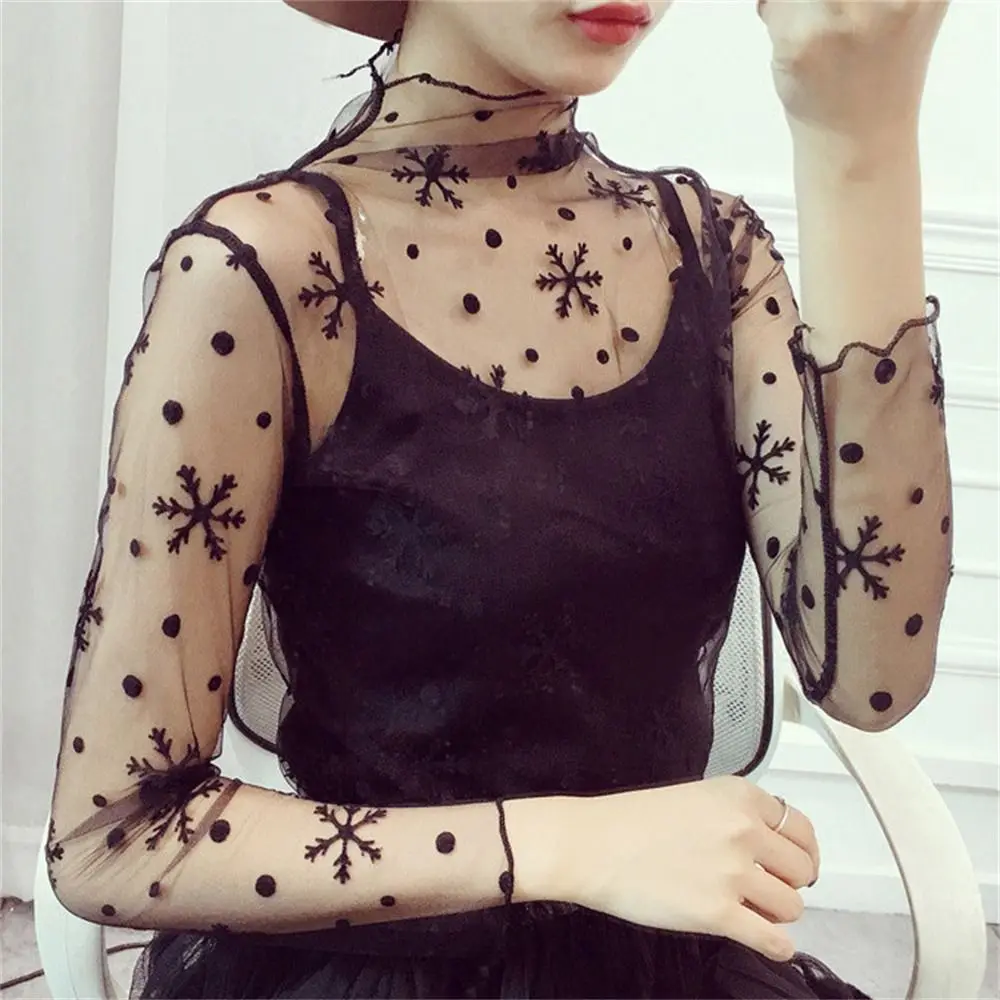 ファッションシースルーレース Tシャツ長袖タートルネックメッシュレディーストップス薄手の黒花透明 Tシャツ女性女の子