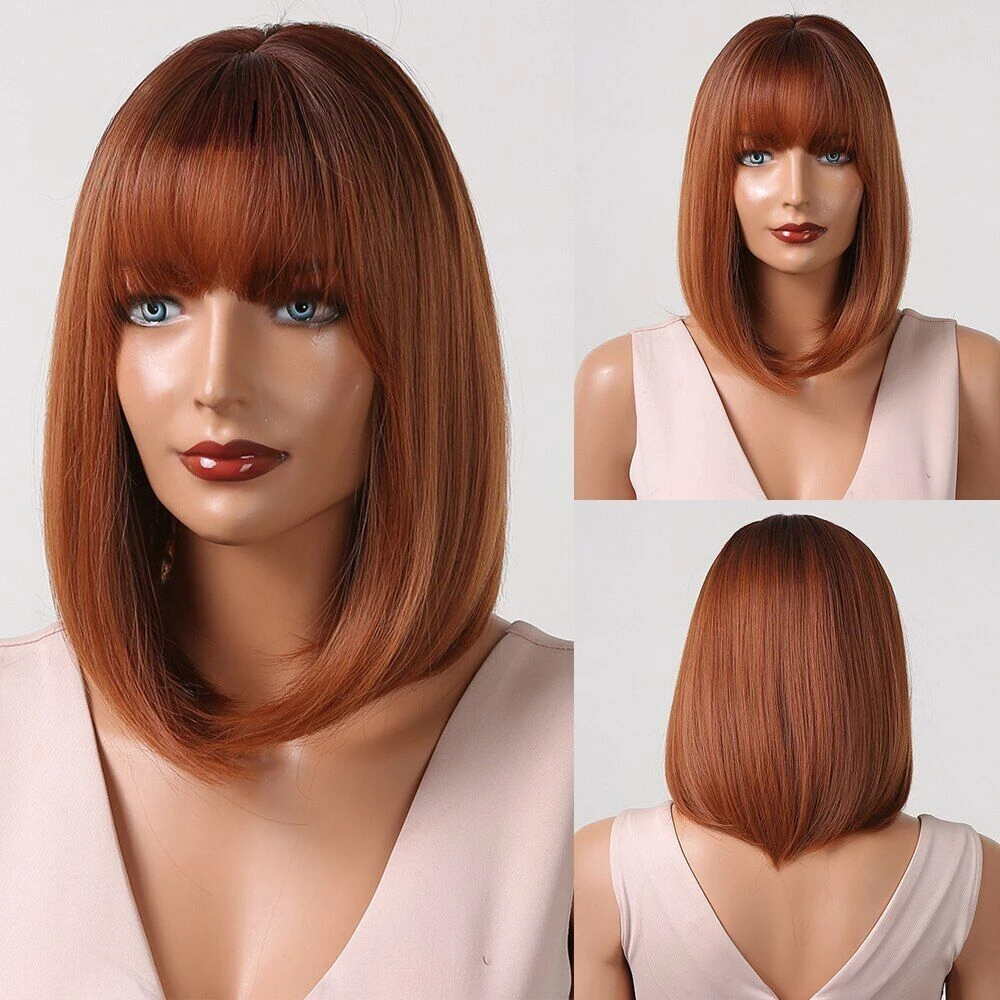 

Bob Copper Brown Wigs with Bangs Natural Straight Wig for Women Synthetic