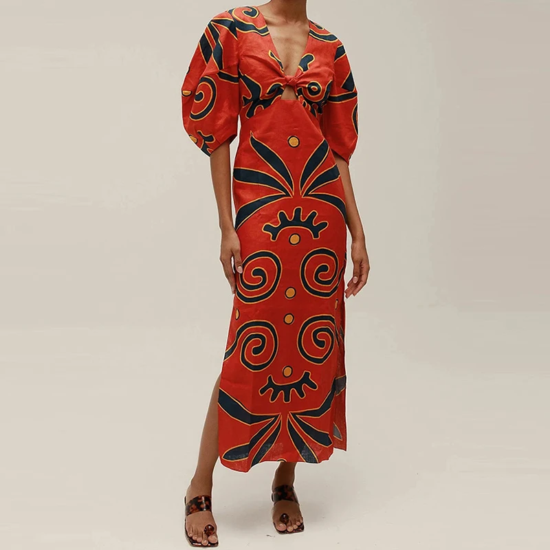 Low Cut V Neck Pattern Printed A-line Dress Puff Sleeves High Waist Slim Fit Women's Long Dress Vintage Side Split Holiday Dress