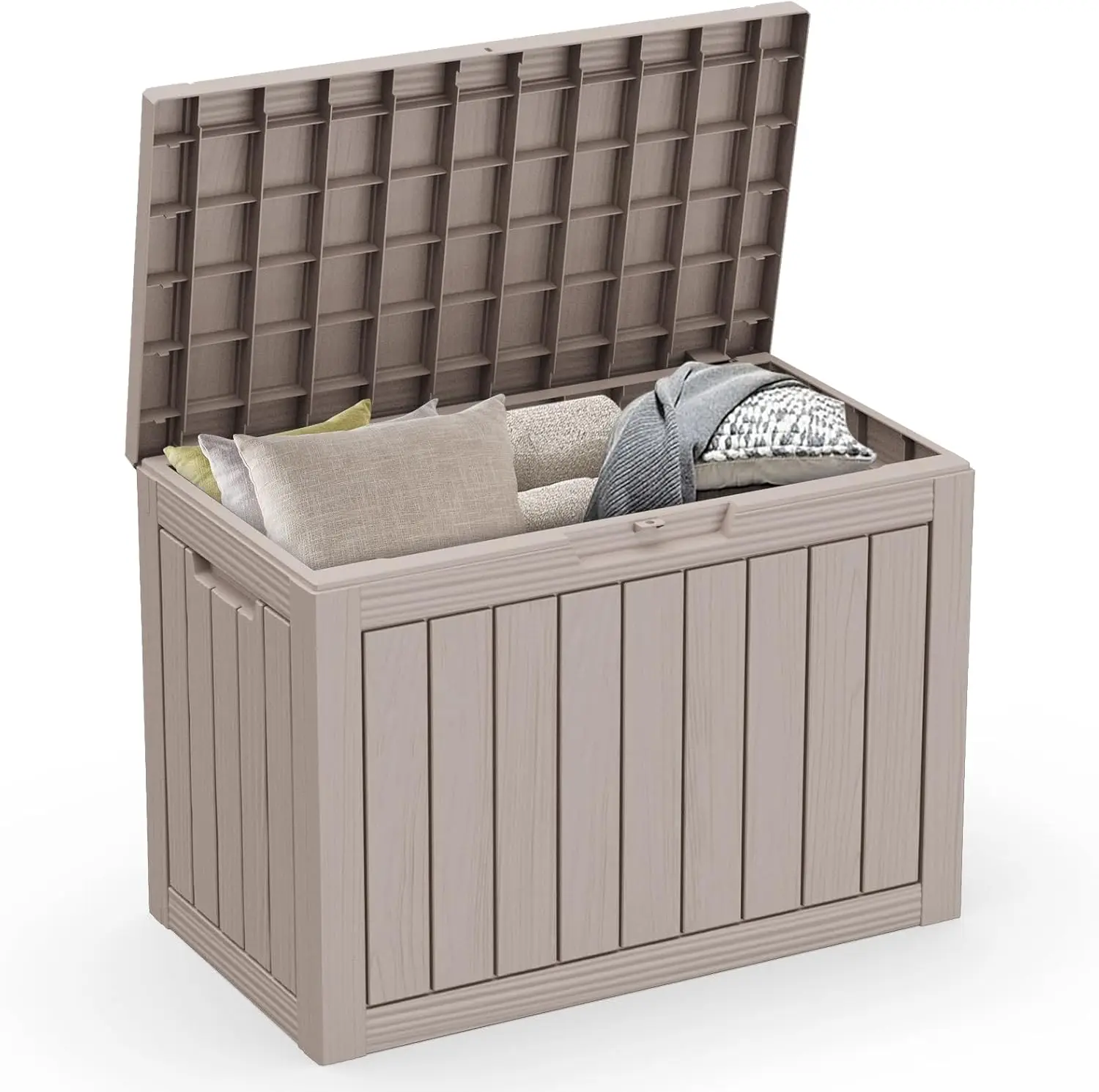 Patio Furniture, Garden Tools, Cushions, Pool Accessories Storage Bench with Lockable Lid and Side Handles (Cappuccino, 45 Gal)