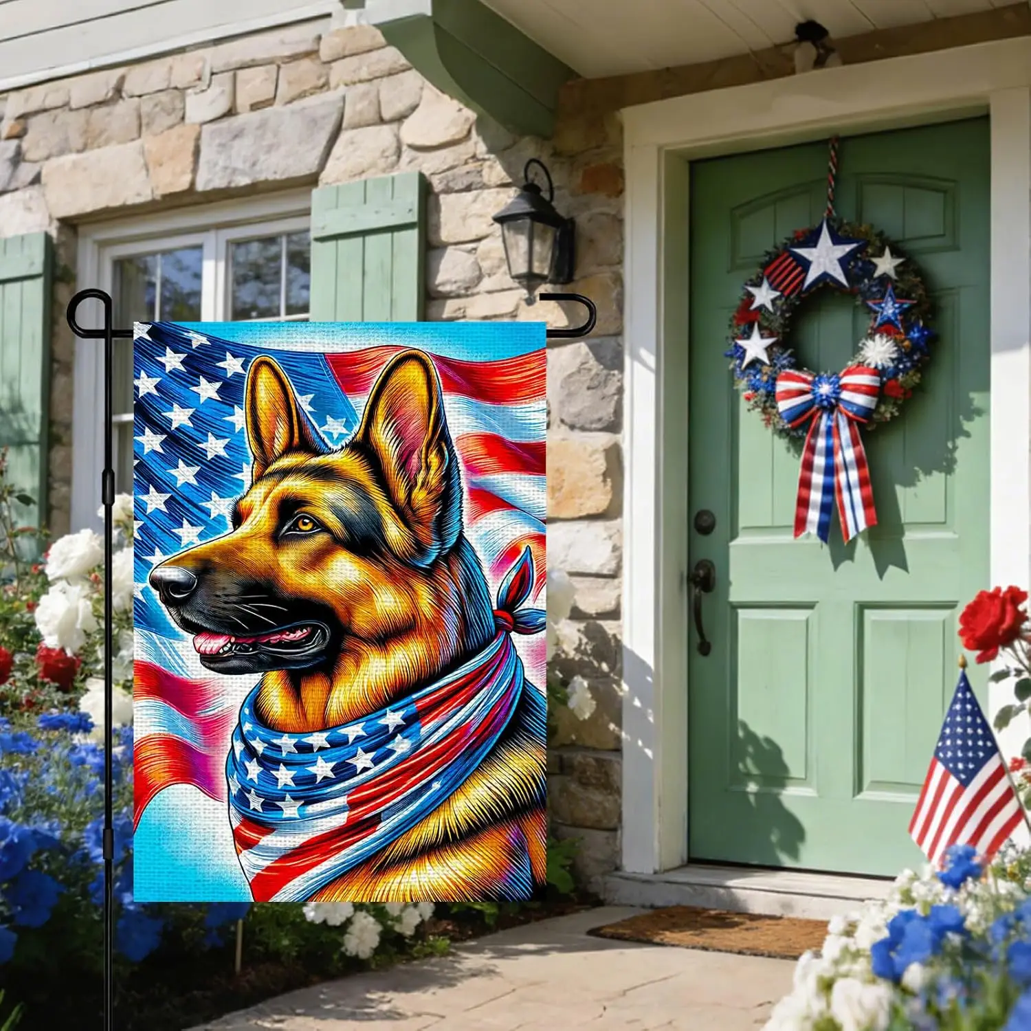 IVN 4th of July German Shepherd Dog Yard Flag Patriotic Garden Flag 12 x 18 Inch Double Sided Burlap American Flags for Memo jjp