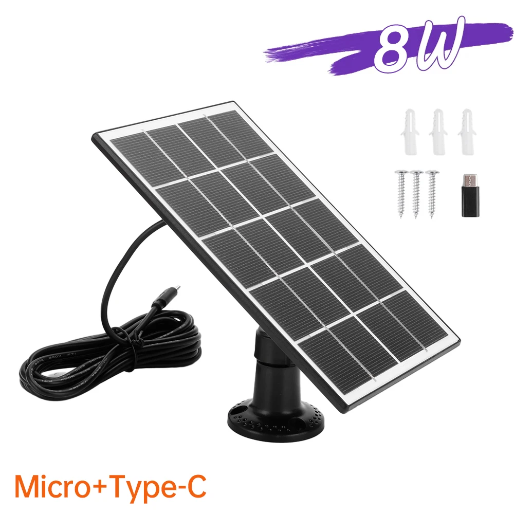 8W 5V Solar Panel 2in1 Micro USB+Type-C Solar Panels Outdoor Solar Cells Charger for Security Camera/Small Home Light System