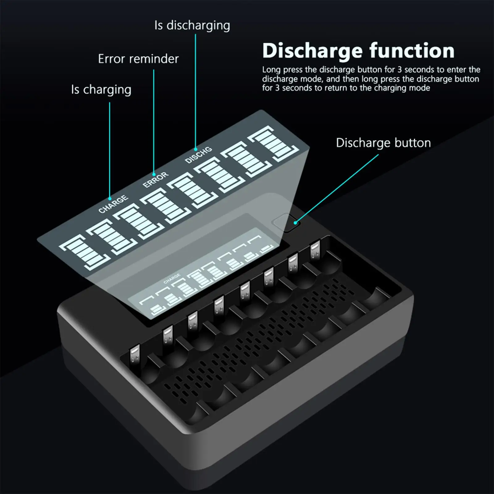 8 Slot Smart Battery Charger Individual Bays Charging LCD Display for AA AAA