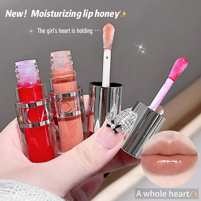ピーチピンクの保湿リップグロス、微細な輝きで長持ち、べたつかないジェリーリッププランパー、韓国風メイク