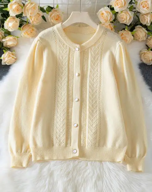 

Autumn and Winter Women's Elegant Solid Color Hook Flower Hollow Long Sleeved Single Breasted Sweater Cardigan