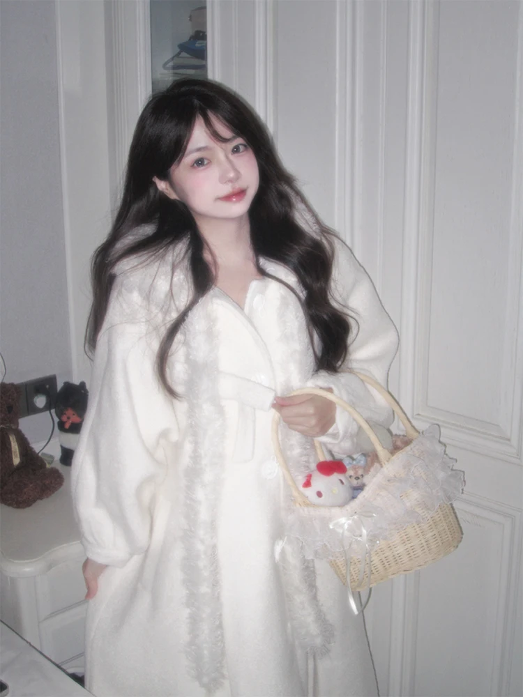 2025年冬新作ミドル丈レディースコート、ゆったりとしたウール素材のジャケット、ロング丈、フード付き、ホワイトカラー、韓国風ストレートカット