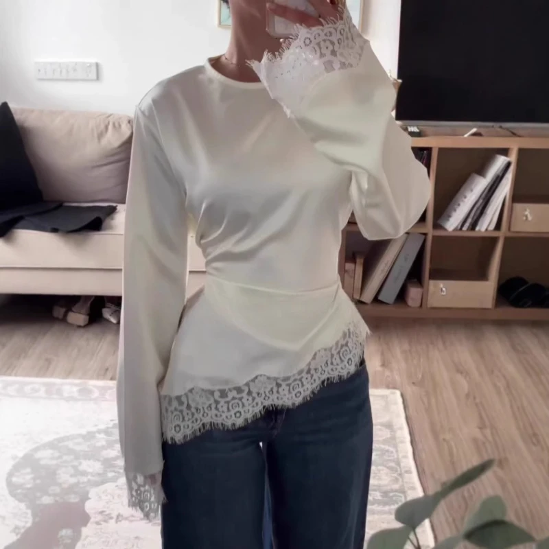 

2026 New Round Neck Solid Color Long Sleeved Irregular Hem Lace Bottom T-shirt for Women