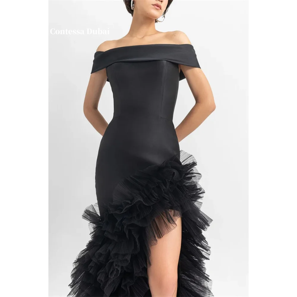 

Contessa Dubai Asymmetrical Sheath Tulle Ruffled Prom Dresses Off the Shoulder فساتين سهراتTrain Side High Split robes de soirée