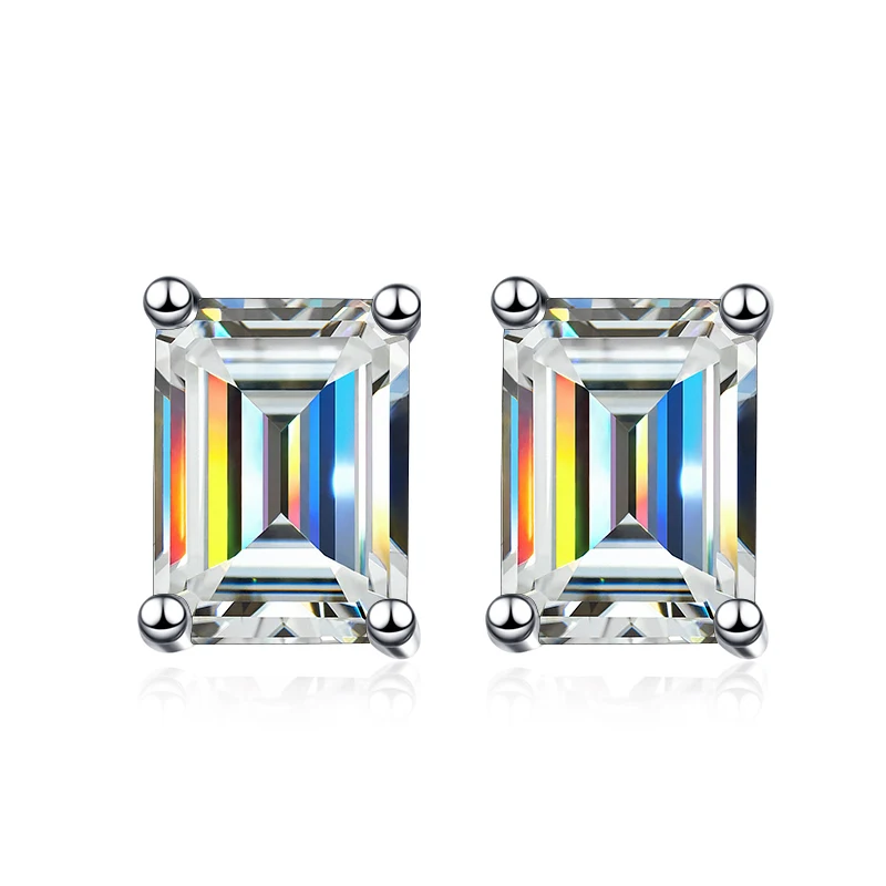 Butterflykiss Moissanite D Color 1/2/4CT One Pair Emerald Cut 925 Sterling Silver Stud Earrings For Woman Pt950 Platinum Plated