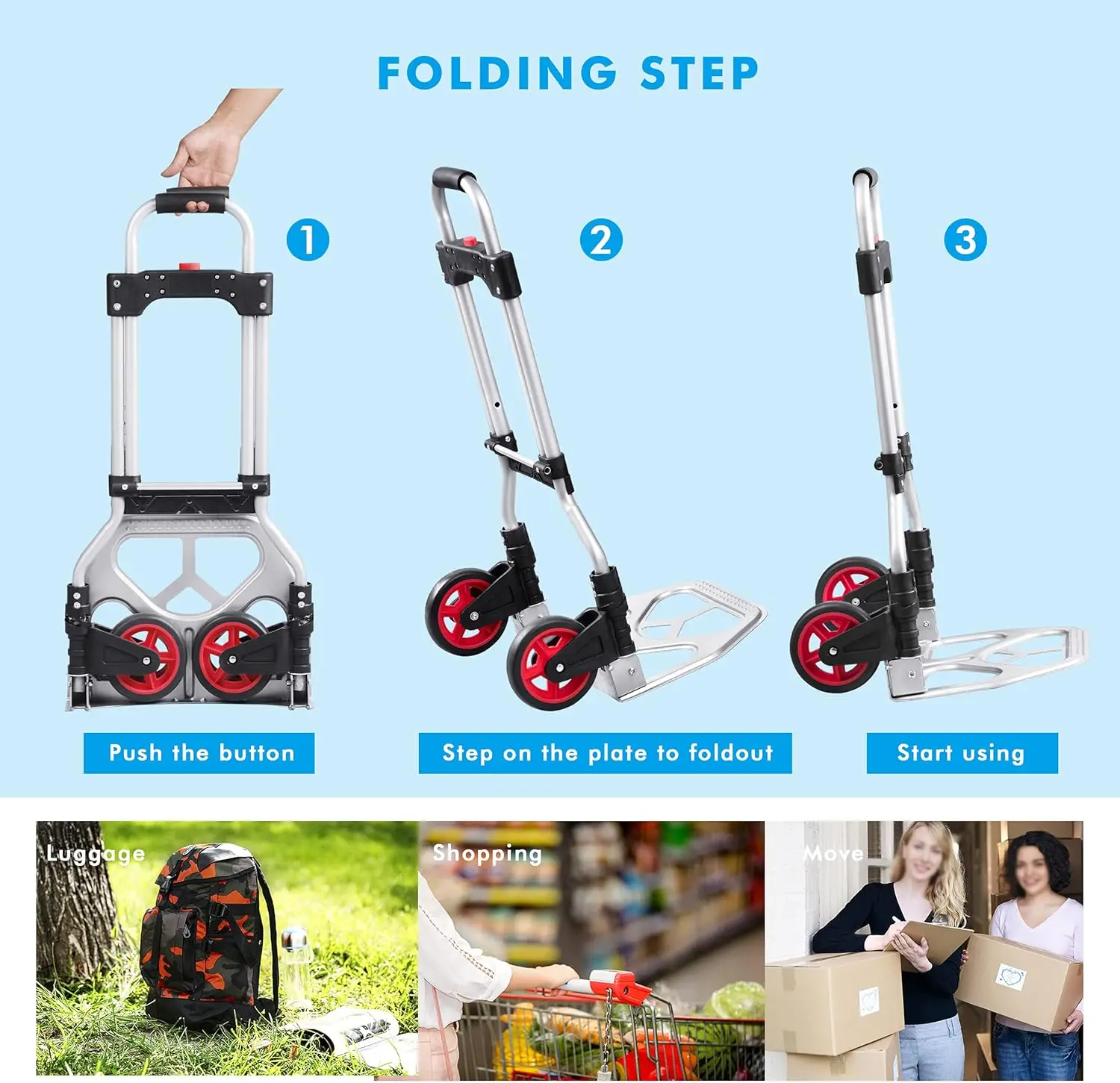 Dolly Cart Folding Hand Truck Steel Portable Cart with Telescoping Handle and Nylon+Rubber Wheels 180 Lbs Capacity