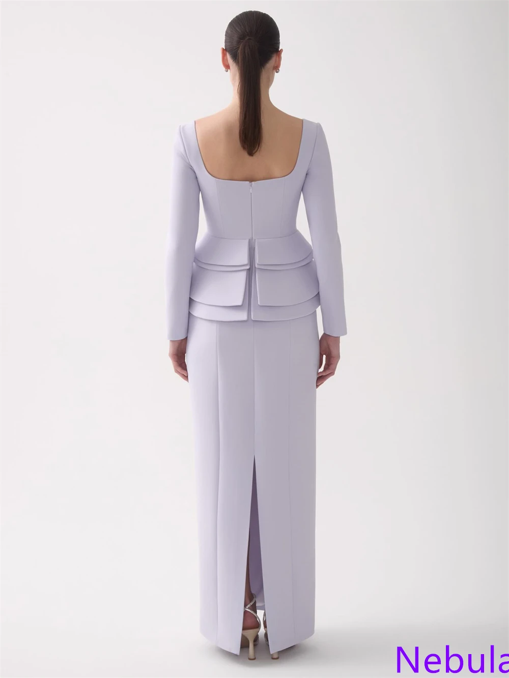 Customized Temperament Light Purple Jersey Evening Dress Square Collar Long Sleeves Celebrity Gowns Bespoke Occasion Gowns