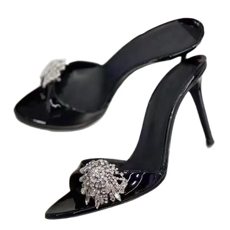 2025 summer new pointed rhinestone women slim heels open toed high-heeled slippers fashionable and versatile for wearing outside