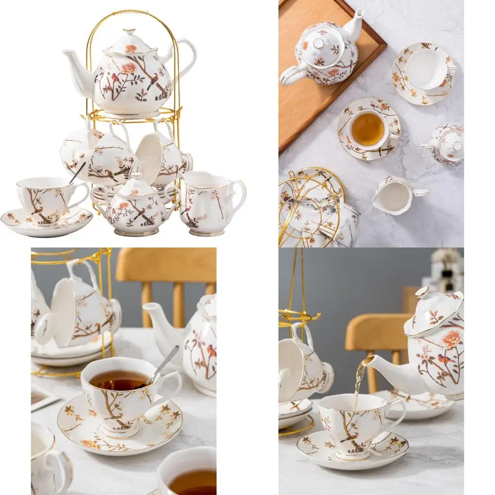 

Изысканный китайский набор для кофе и чая с рисунком птичьего дерева, чашки на 8 унций с блюдцами на 4 шт., в комплект входит чайник, сахарница, сливочник, элегантный сер