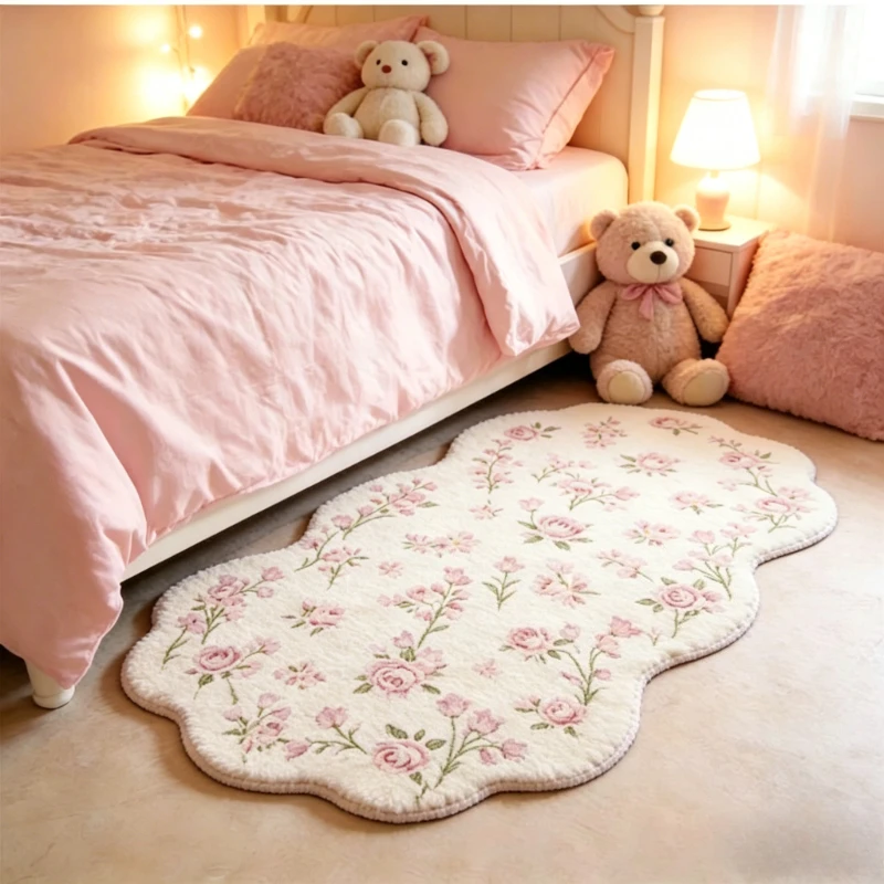 Flowers Carpets for Living Room Girly Style Bedroom Decor Carpet Fluffy Soft Irregular Shape Bedside Rug Home Plush Floor Mat