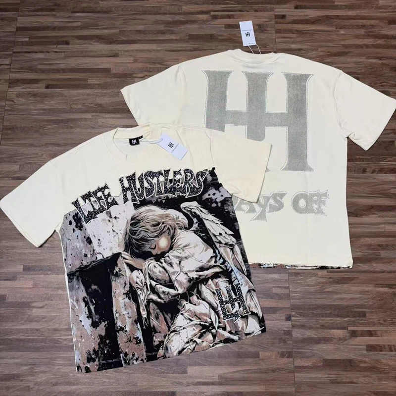 Europa Amerika Streetwear Life Hustlers T-Shirt Hochwertiges Hip-Hop-Bulldoggenmuster Strass-Kurzarmshirt für Männer und Frauen – Detail 3