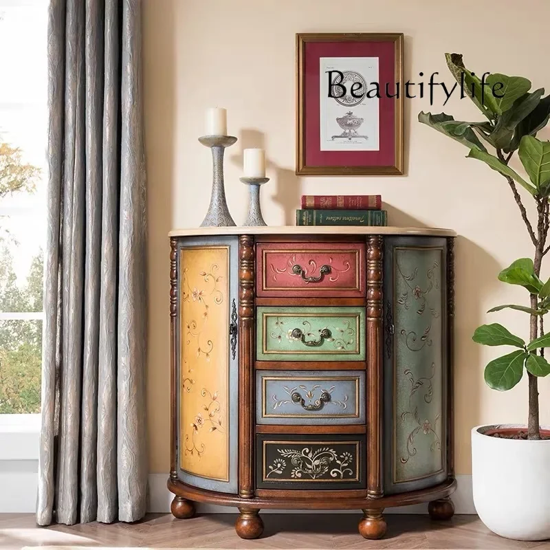 

N American style solid wood foyer cabinet, retro small unit multi-functional semi-circular bucket cabinet