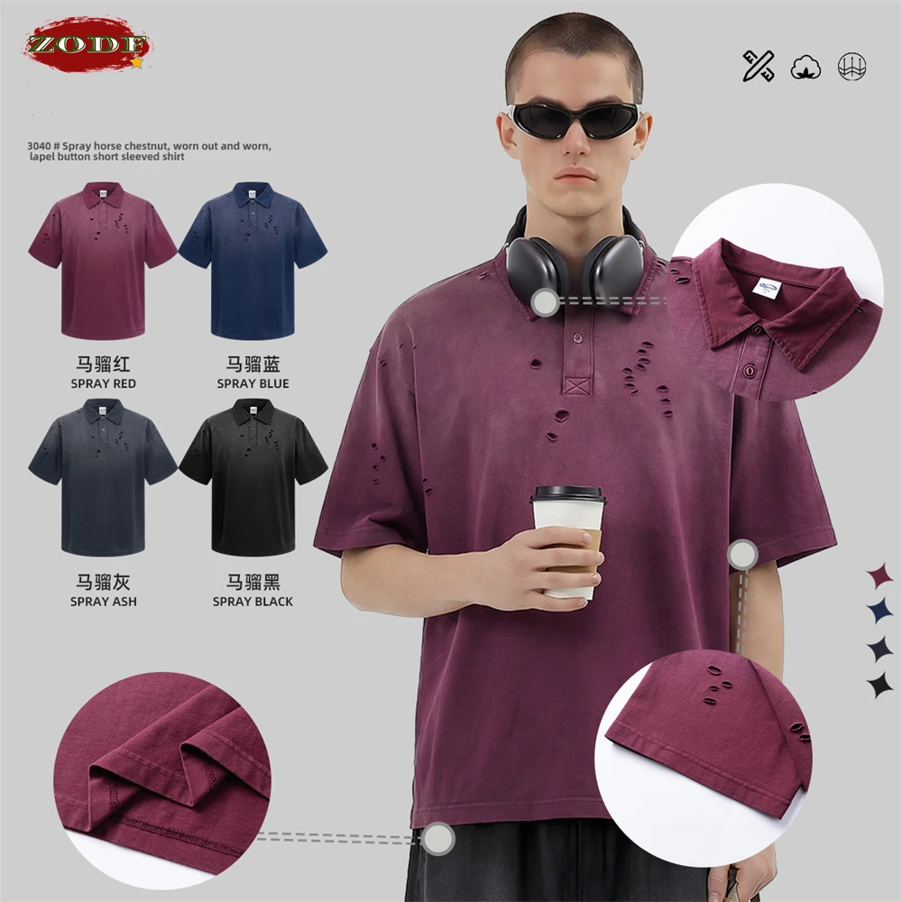 ZODF Vintage 2026 Summer Monkey Washed Turn Down Collar For Men T-Shirts Unisex Distressed 275gsm Cotton T Shirt Tees HY1210