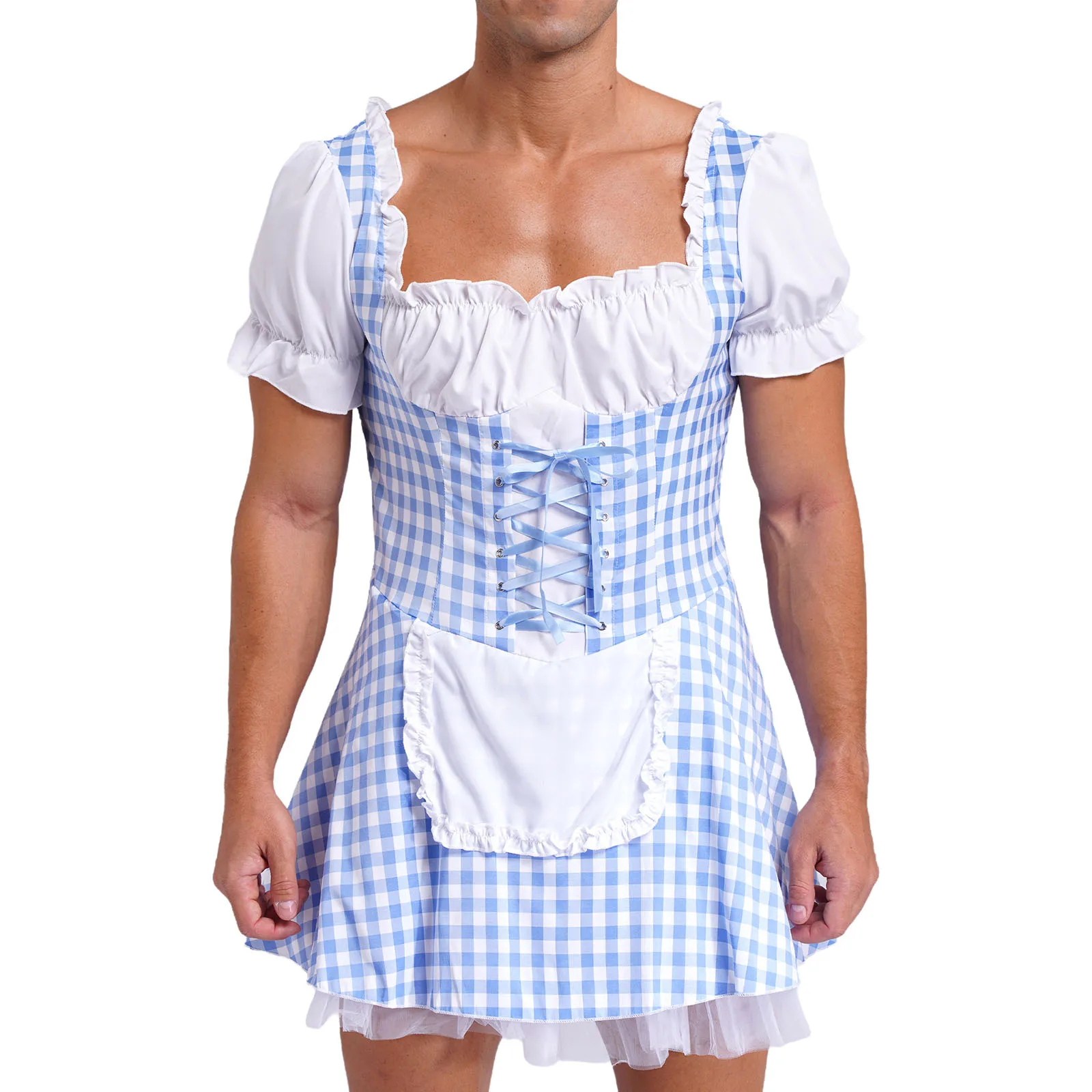 

Halloween Cosplay Miss Muffet Maid Uniform Mens Maid Dress Lace-Up Ruffle Apron Plaid Sissy Dress for Drag Queen Crossdressing