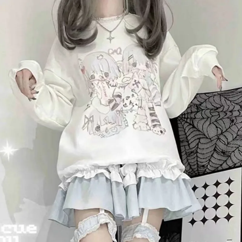 

Y2k Aesthetics T-Shirt Women Harajuku White Graffiti Cartoon Print Vintage Long Sleeve Tops Gothic Clothes Japanese Streetwear