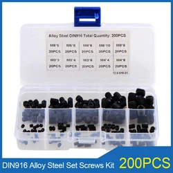 200PCS Hex Socket Set Screws Grub Screw Assortment Kit Carbon Steel Black M3 M4 M5 M6M8 Cup Point Set Bolt screws DIN916 Boxed