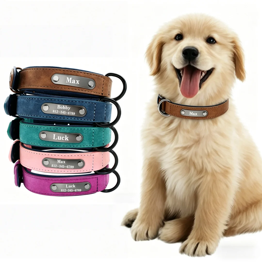 Personalisierte Namens-ID-Tags für Hundehalsbänder, individueller Textname, PU-Leder-Hundehalsband für kleine, mittelgroße und große Hunde, Pitbull, Bulldogge, Beagle – Detail 3