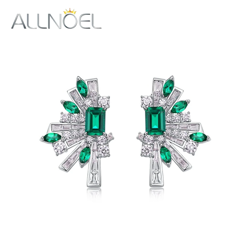 ALLNOEL Certified 5*7mm Lab Created Emerald Stud Earrings 925 Sterling Silver Original Wing Shape Luxury Jewelry Gifts Boho