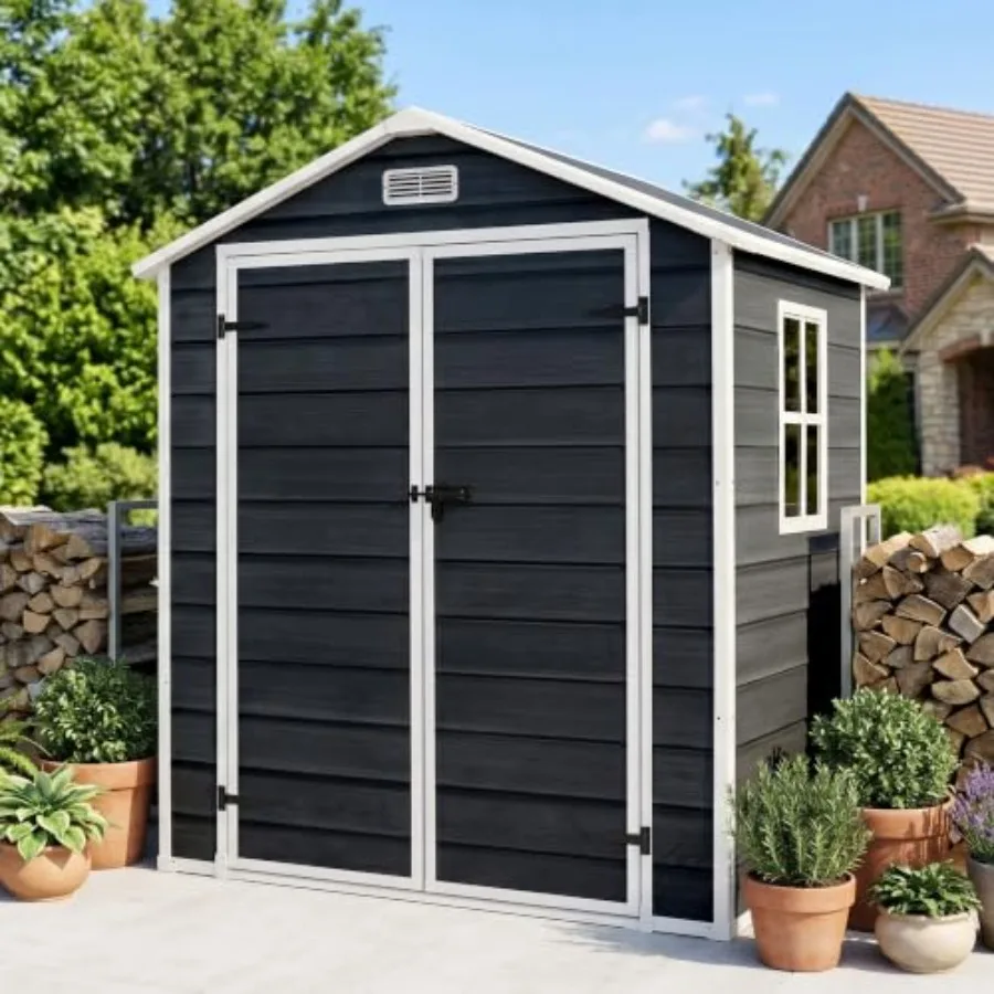 Outdoor storage shed for garden patio backyard: resin material, gray color, waterproof with reinforced floor, lockable door, in