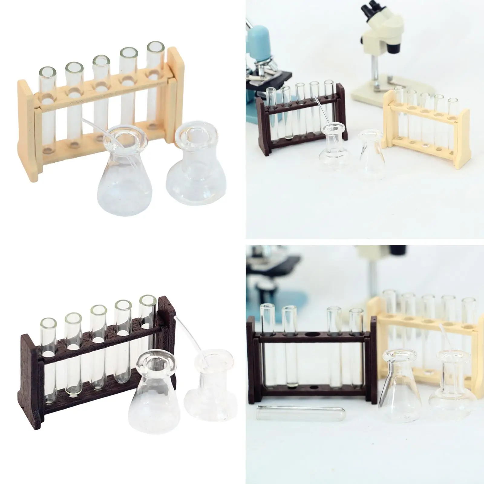 1:12 Dollhouse lab Experiments Test Tube, Clear Glass Test Tubes and Wood Rack, Dolls House Miniature Scenes Decoration