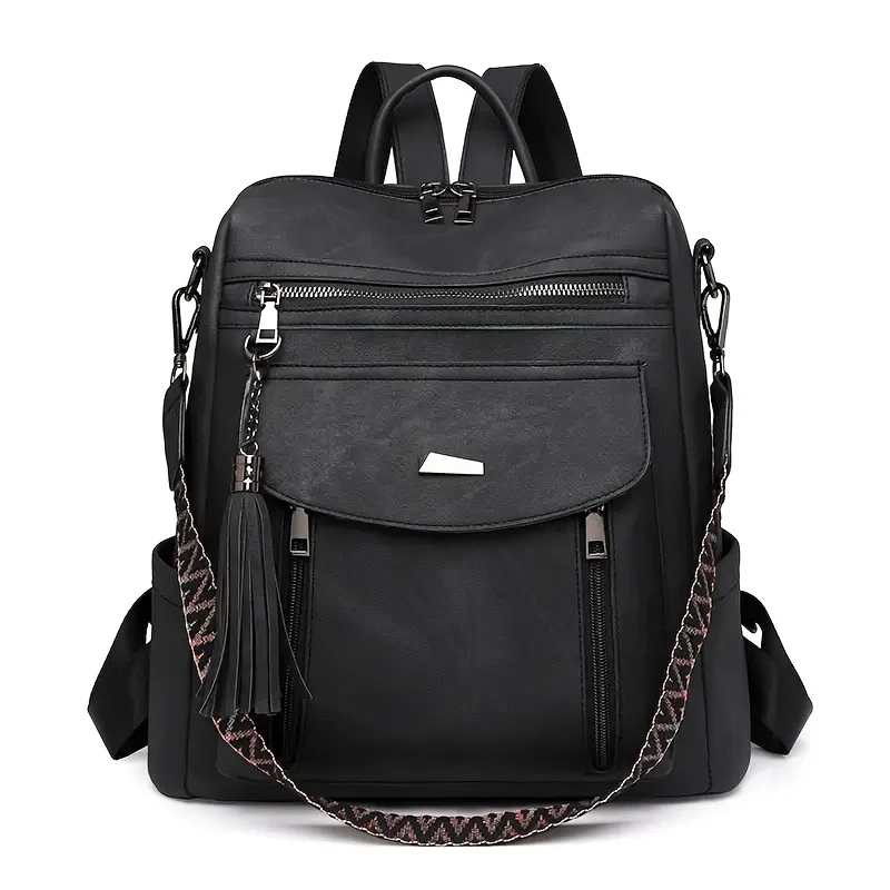Adjustable Straps, Women's Large Capacity Backpack Stylish, Multiple Compartments, and Decorative Tassel Zipper Pulls Casual