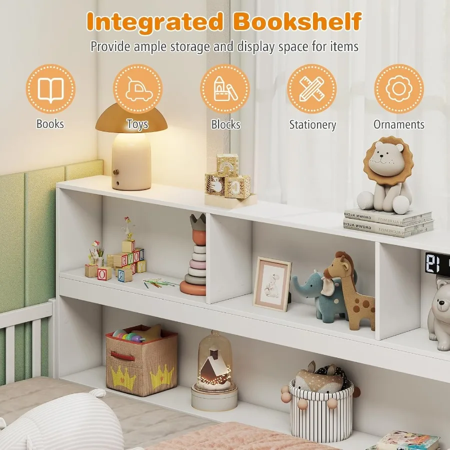 سرير أرضي كامل الحجم لإطار سرير مونتيسوري الخشبي مع أرفف تخزين متكاملة لخزانة الكتب وقضبان سياج أمان مثالية لـ G