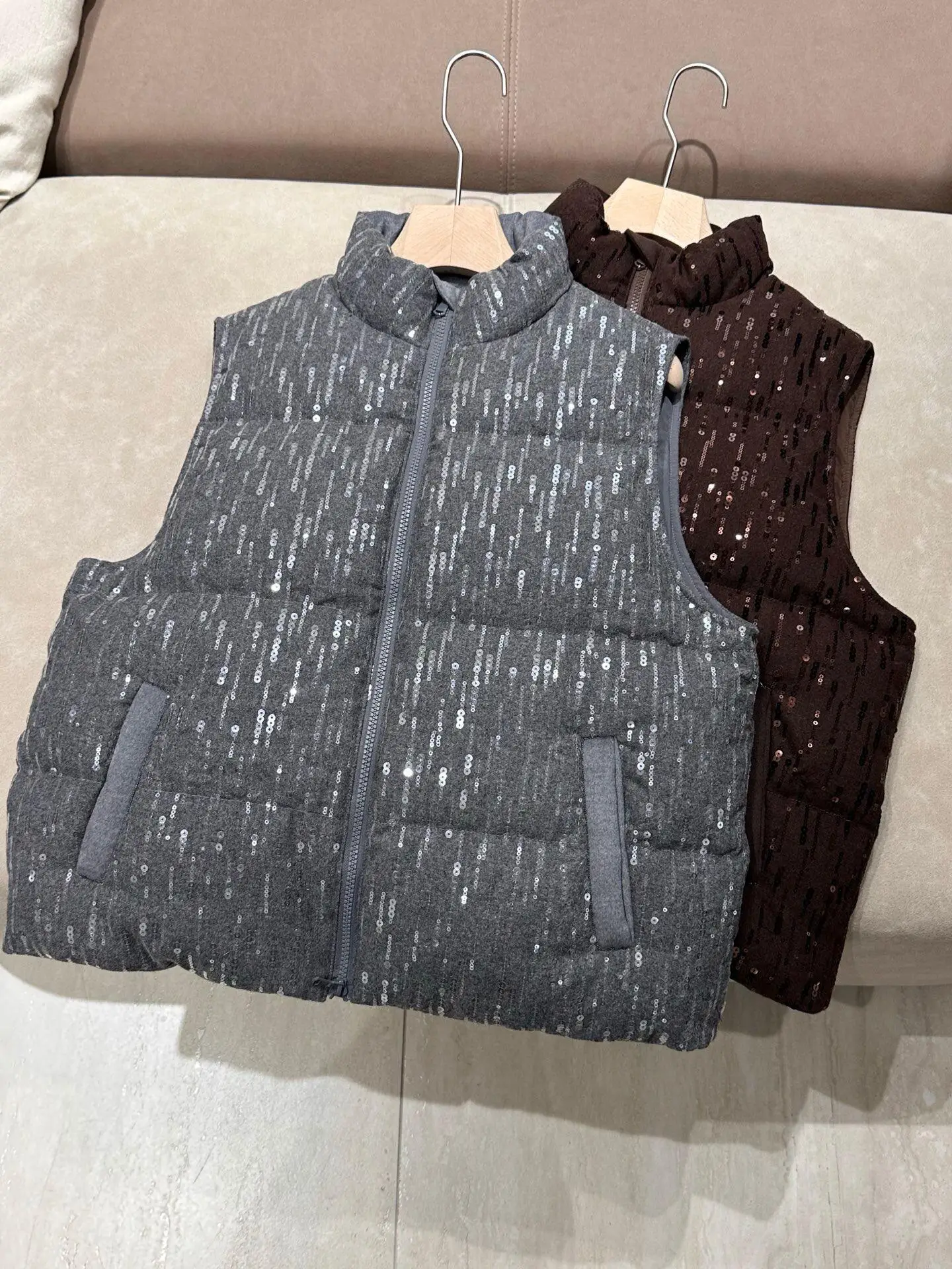 Heavily Embellished Beaded Wool Blended Goose Down Vest Women Autumn Winter Stand Collar Loose Layered Down Waistcoat