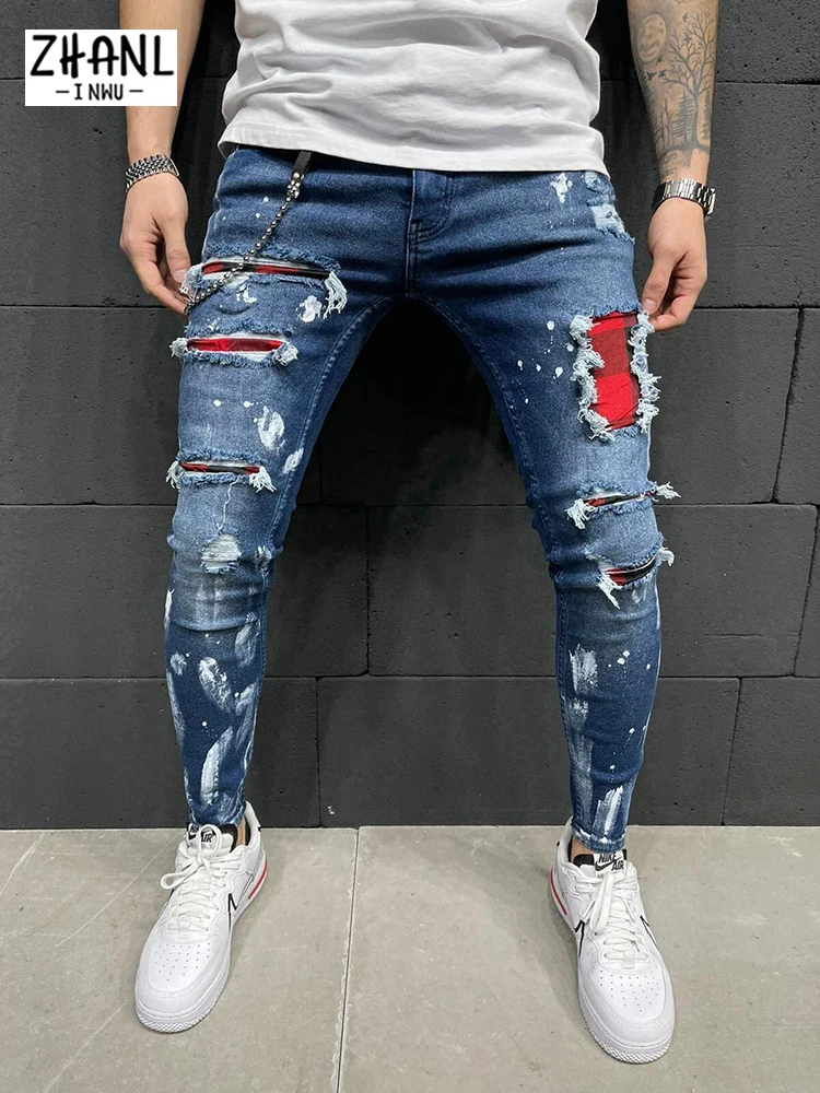 High Quality Brand Mens Goth Jeans Hip Hop Skinny Stretch Jeans Ripped Grid Beggar Patches Pants Painting Jogging Trousers Men