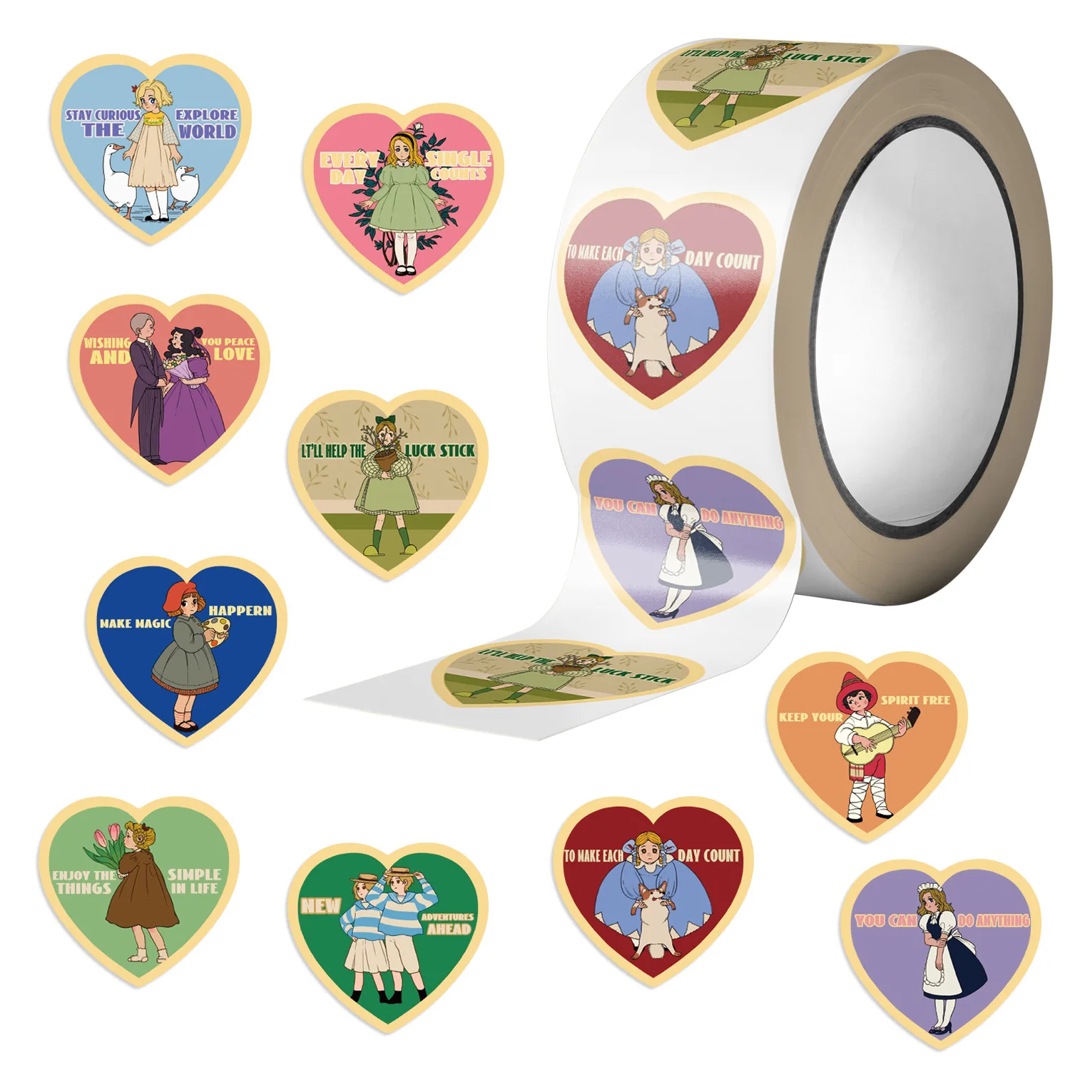 500Pcs Retro Cute Characters Cartoon Heart shaped Roll Stickers DIY Waterproof PVC Decorative Phone Case Water Cup Stickers