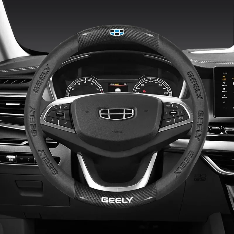 

For Geely Monjaro Coolray Tugella GX3 Atlas Emgrand EC7 GC6 GC9 CK EC8 Breathable Carbon Fiber Leather Car Steering Wheel Cover