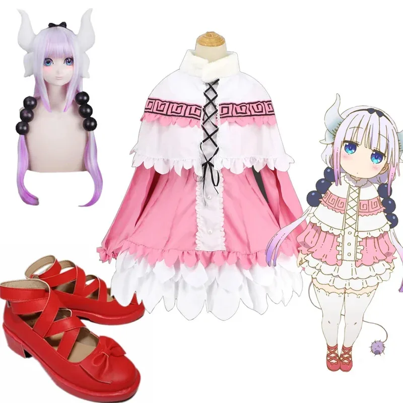 Miss kobayashi dragão empregada cosplay traje kanna kamui gradiente peruca sapatos festa de halloween lolita vestido uniforme chifres headwearc