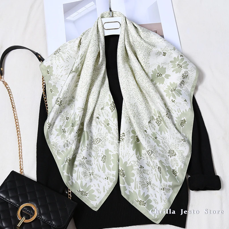 Women Spring Autumn Fashion Accessories Floral Printed 90x90cm Square Hijab Scarf Twill Imitated Silk Foulard