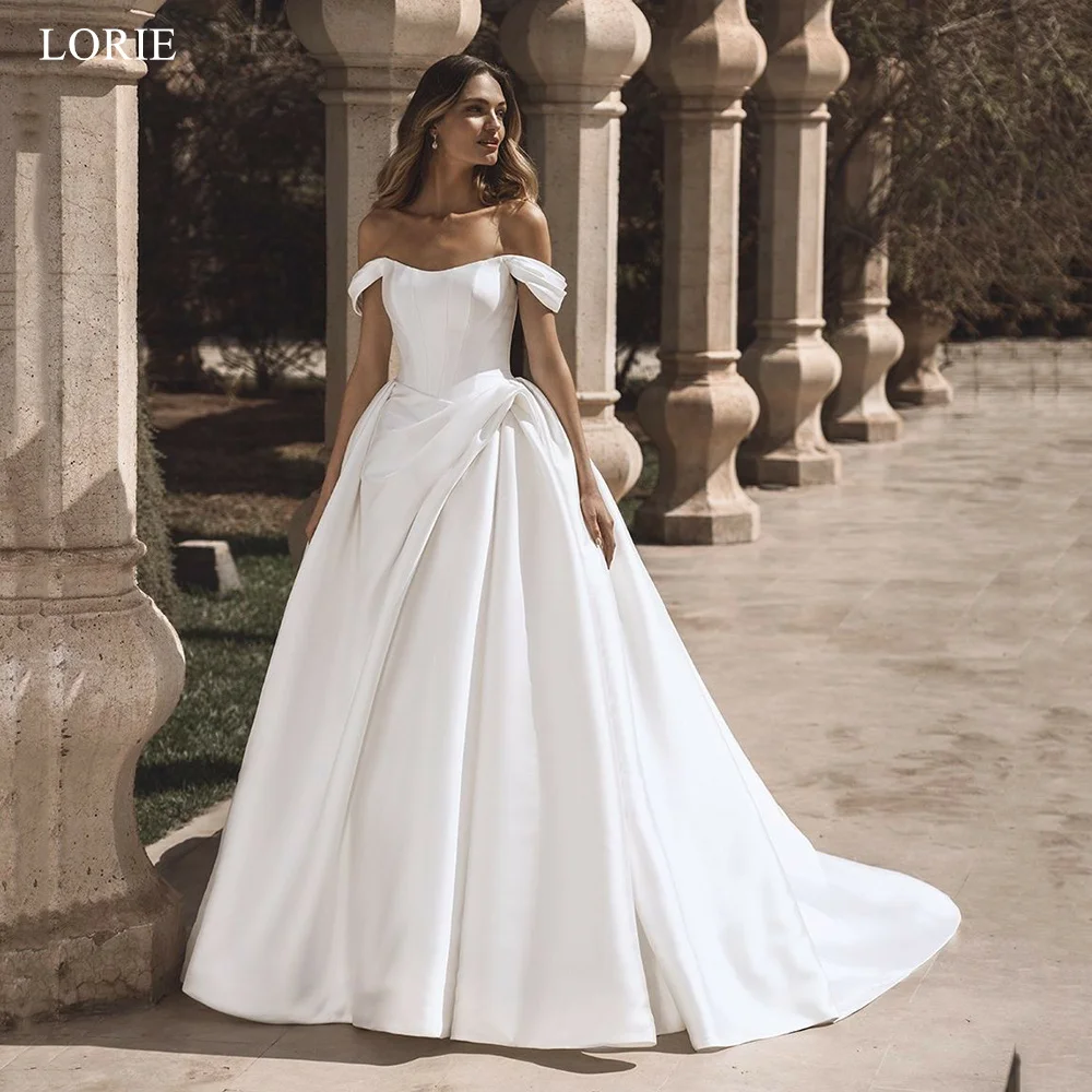 

LORIE Chic Satin Wedding Dresses Pleats Off The Shoulder Draped A-Line Bride Prom Gown Floor-Length Bridal Gowns Customized