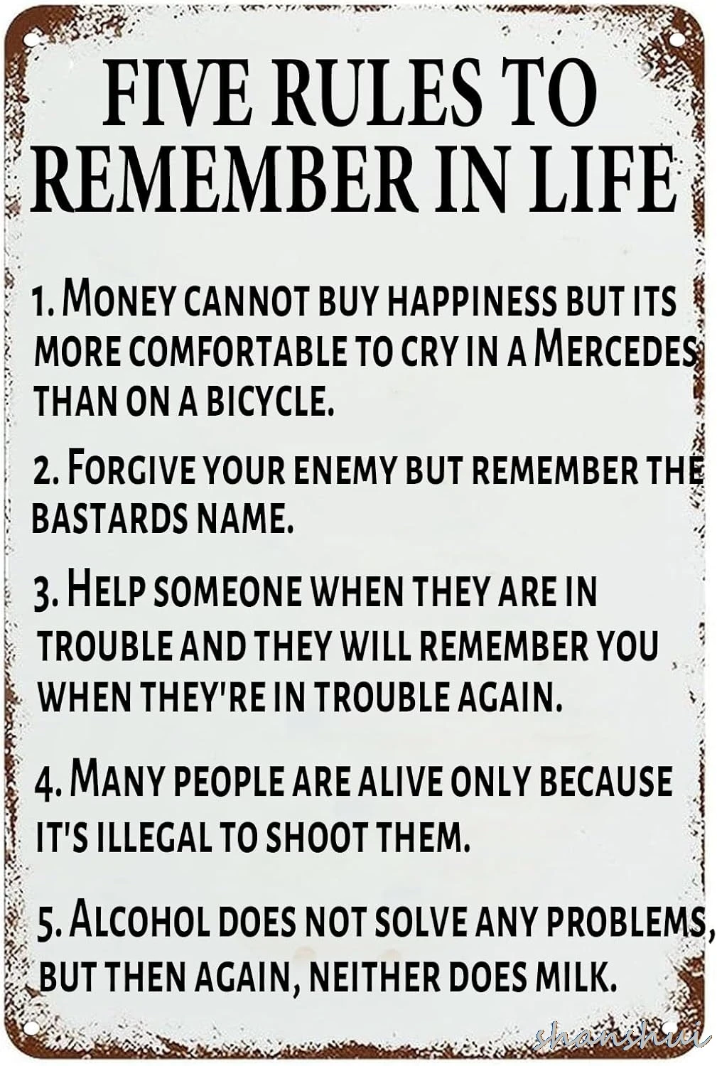 Cinco reglas para recordar en la vida, letrero de Metal Vintage, citas motivacionales, arte de pared inspirador, pintura de estaño para hombre, cueva, Bar Ho po