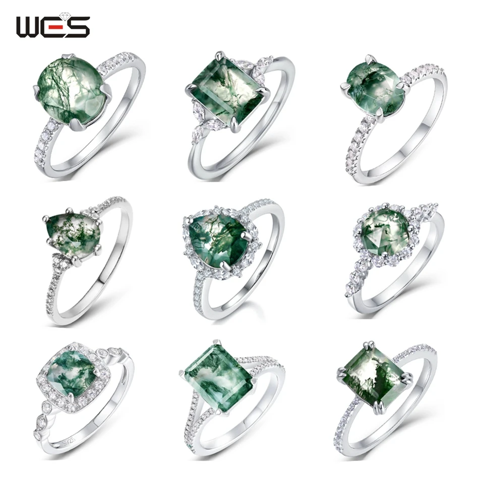 WES 925 خاتم كلاسيكي من الفضة الاسترليني للمرأة خاتم كريستال عقيق الطحلب الطبيعي الفريد للأم هدية خطوبة عيد ميلاد بالجملة #5