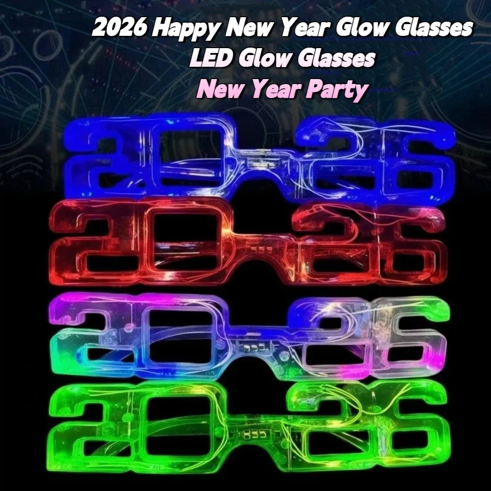 LED Glow 2026New Year Glow Glasses Square Shape Number 2026 LED Glow Glasses Colorful Light Up New Year Party Glasses