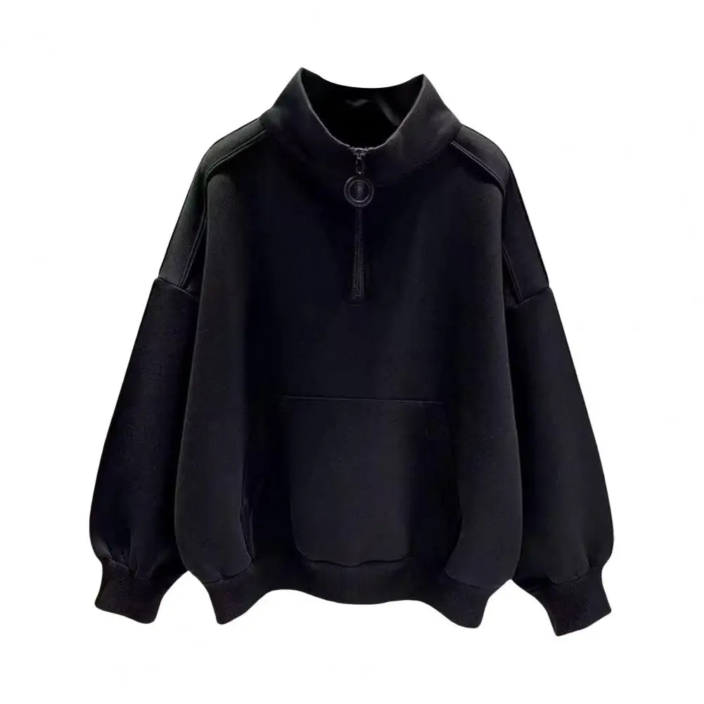 Unisex Fall Winter Sweatshirt Half Zipper Half High Collar Loose Pullover Long Sleeves Elastic Cuffs And Hem Sport School Top