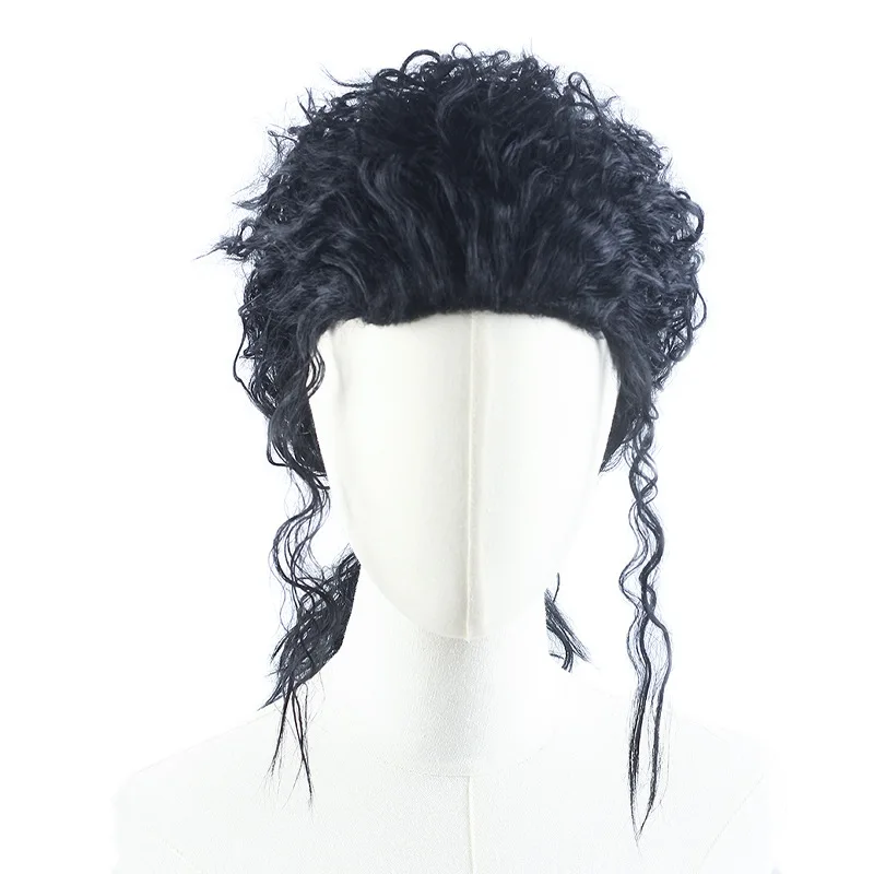 MJ Michael Cosplay Black Wig Jackson Michael Role Play Medium Long Curly Black Hair Pigtail Wig Halloween Cos Wigs