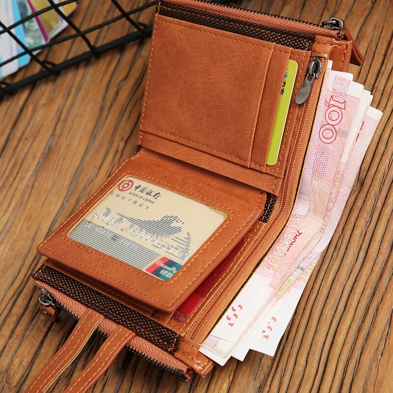 Men's Short Wallet Double zipper Multi Card Slots Holder Coin Purses With Snap Button PU Leather Billfold