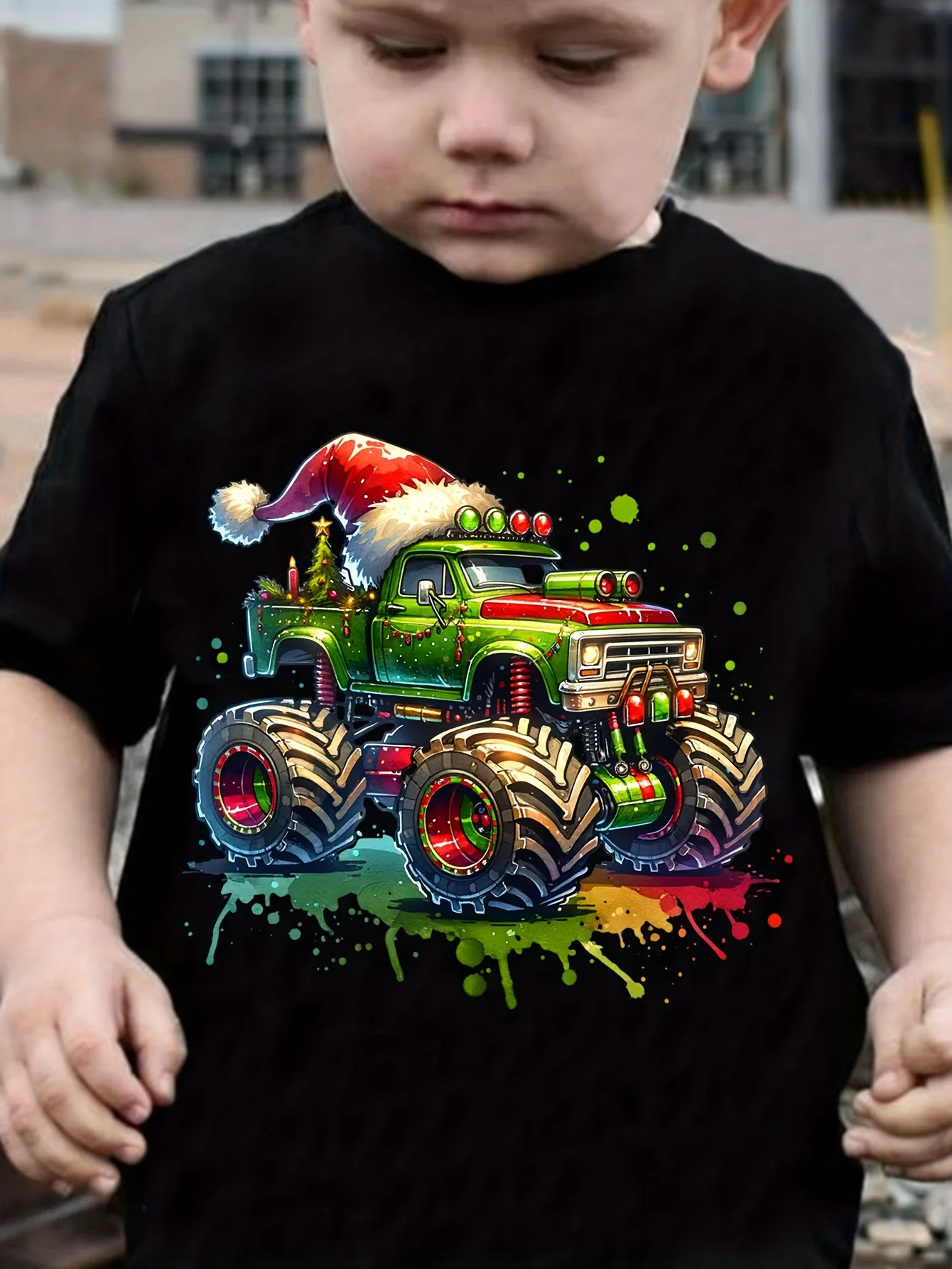 Boys‑Christmas‑Monster‑Truck‑Santa‑Hat‑Print‑Casual‑Crew‑Neck‑Short‑Sleeve‑Kids‑T‑Shirt‑Machine‑Washable