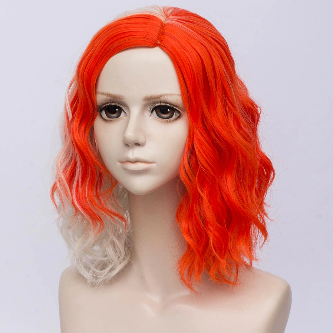 GAKA Women's Short Synthetic Wavy Red And Beige Cosplay Wigs Middle Part Line Halloween Party Heat Resistant Fiber