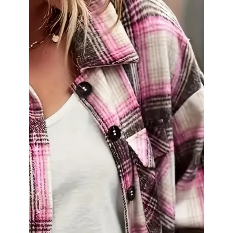 

Plus Size 1XL-5XL Women Casual Plaid Coats Windbreaker Long Sleeve Button Shirt Jacket Fashion Print Pocket Long Coat Female